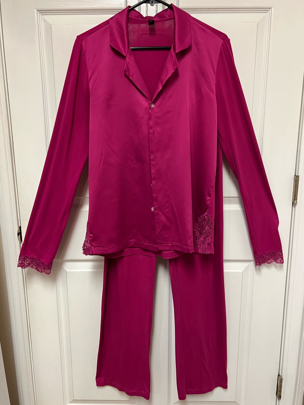 Women's Magenta Satin Front Pajama Set with Lace Trim